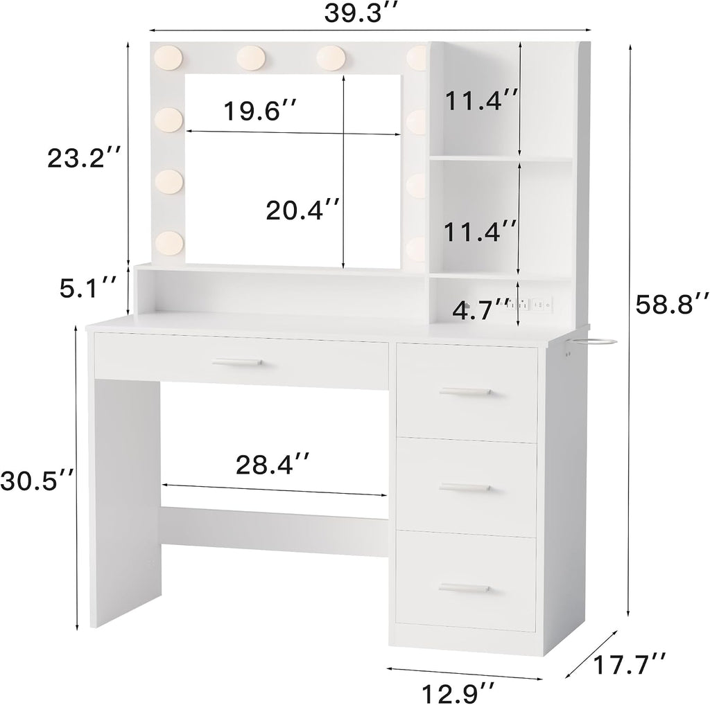 YESHOMY 39' Vanity Desk with Mirror & Lights, Makeup Vanity Table with Power Outlet & Storage Drawers, 3 Color LED Lighting, Dressing Table for Bedroom, Pure White