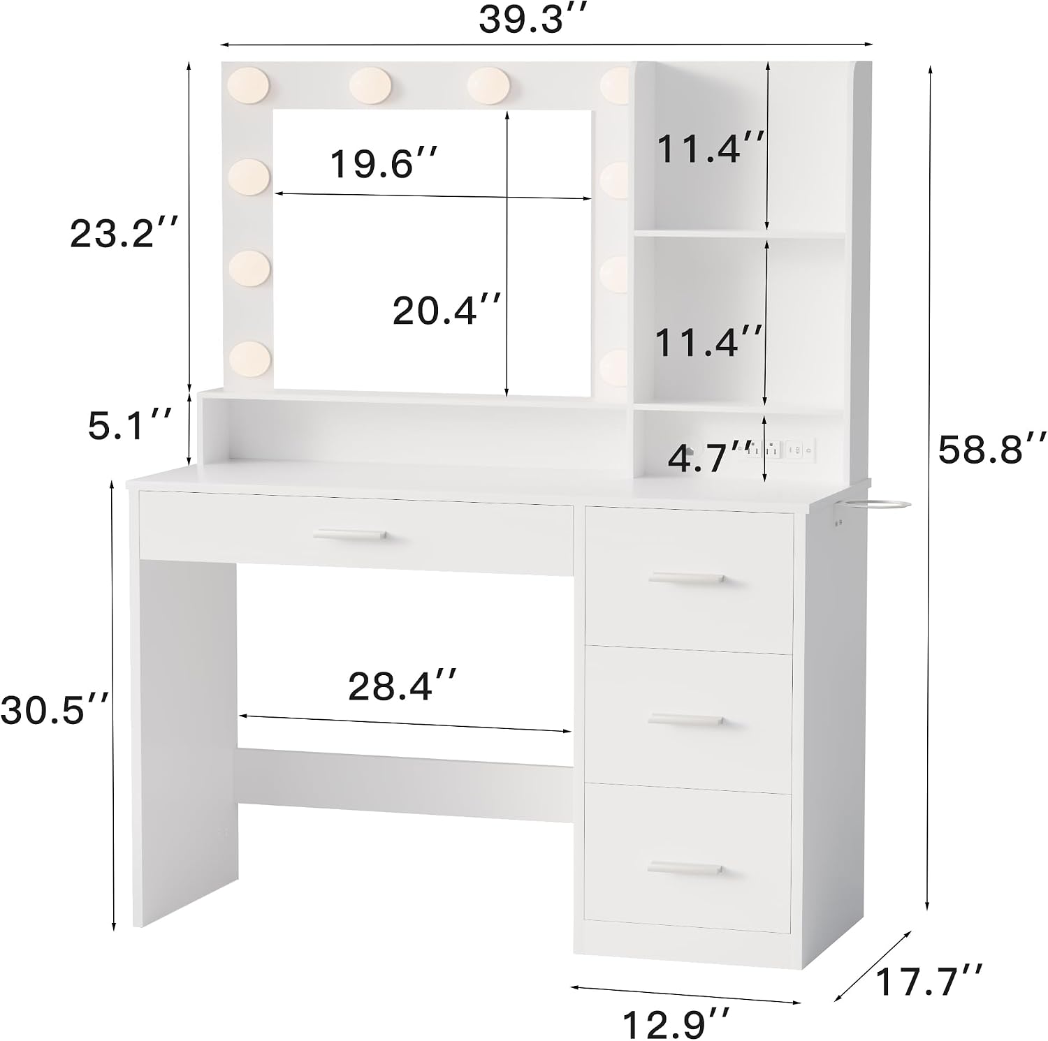 YESHOMY 39' Vanity Desk with Mirror & Lights, Makeup Vanity Table with Power Outlet & Storage Drawers, 3 Color LED Lighting, Dressing Table for Bedroom, Pure White