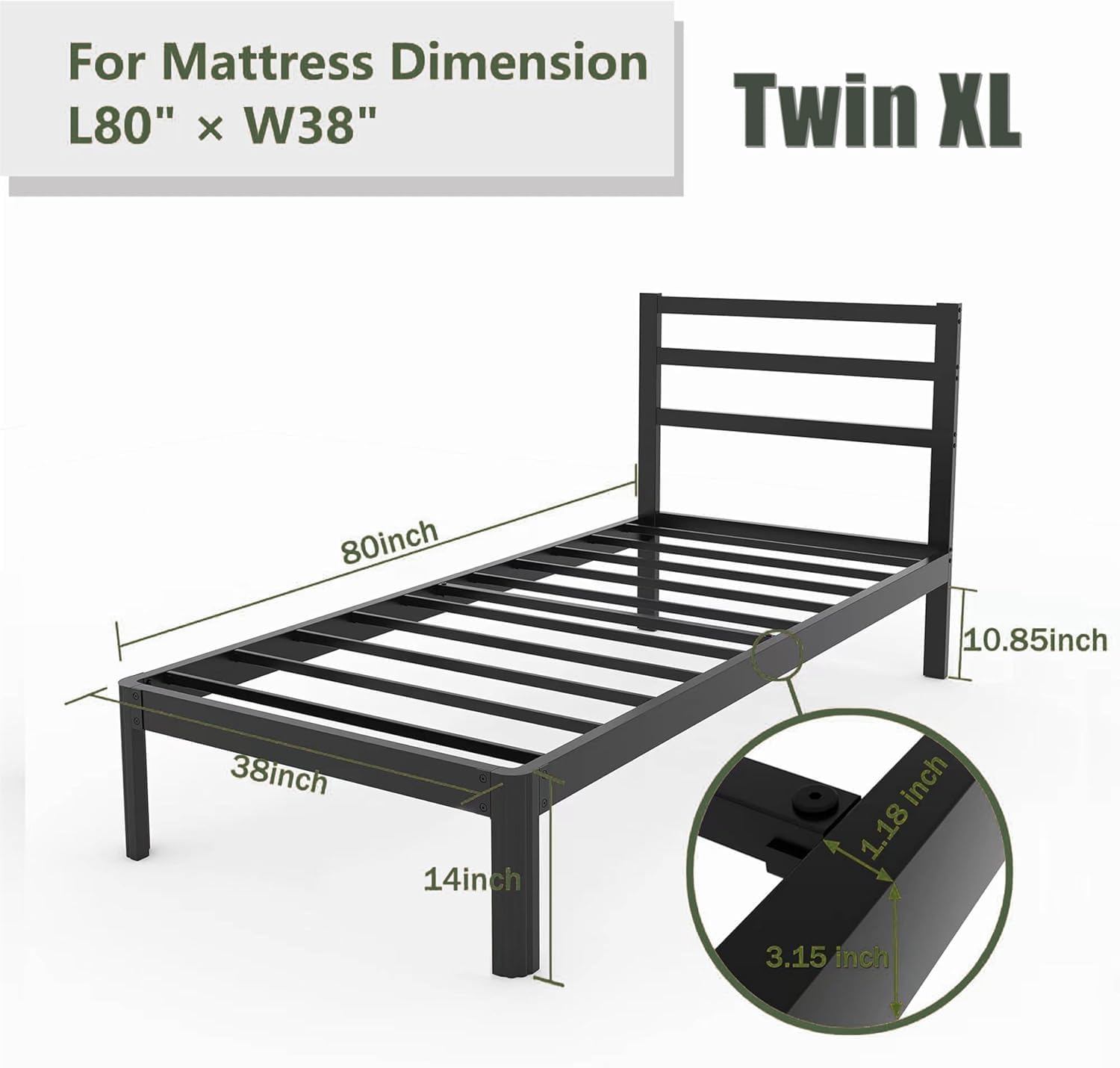 ZIYOO 18 Inch Twin XL Metal Bed Frame with Headboard, 1500 LBS Heavy Duty Platform Bed, Noise Free, No Box Spring Needed, Easy Assembly, Black for Hotel Bedroom Guest Room