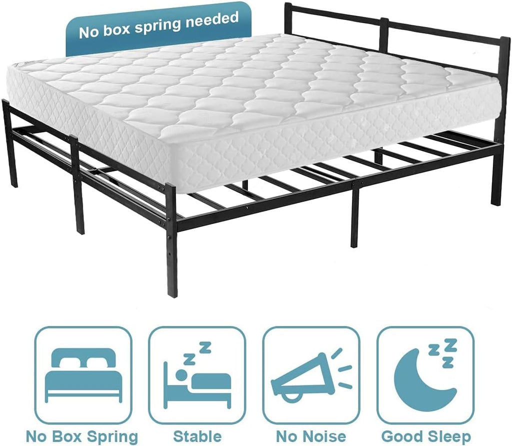 AKSG Queen Bed Frame with Headboard 14 Inch Platform Bed Frame No Box Spring Needed Metal Queen Size Bed Frame with Storage Heavy Duty Steel Slat Black