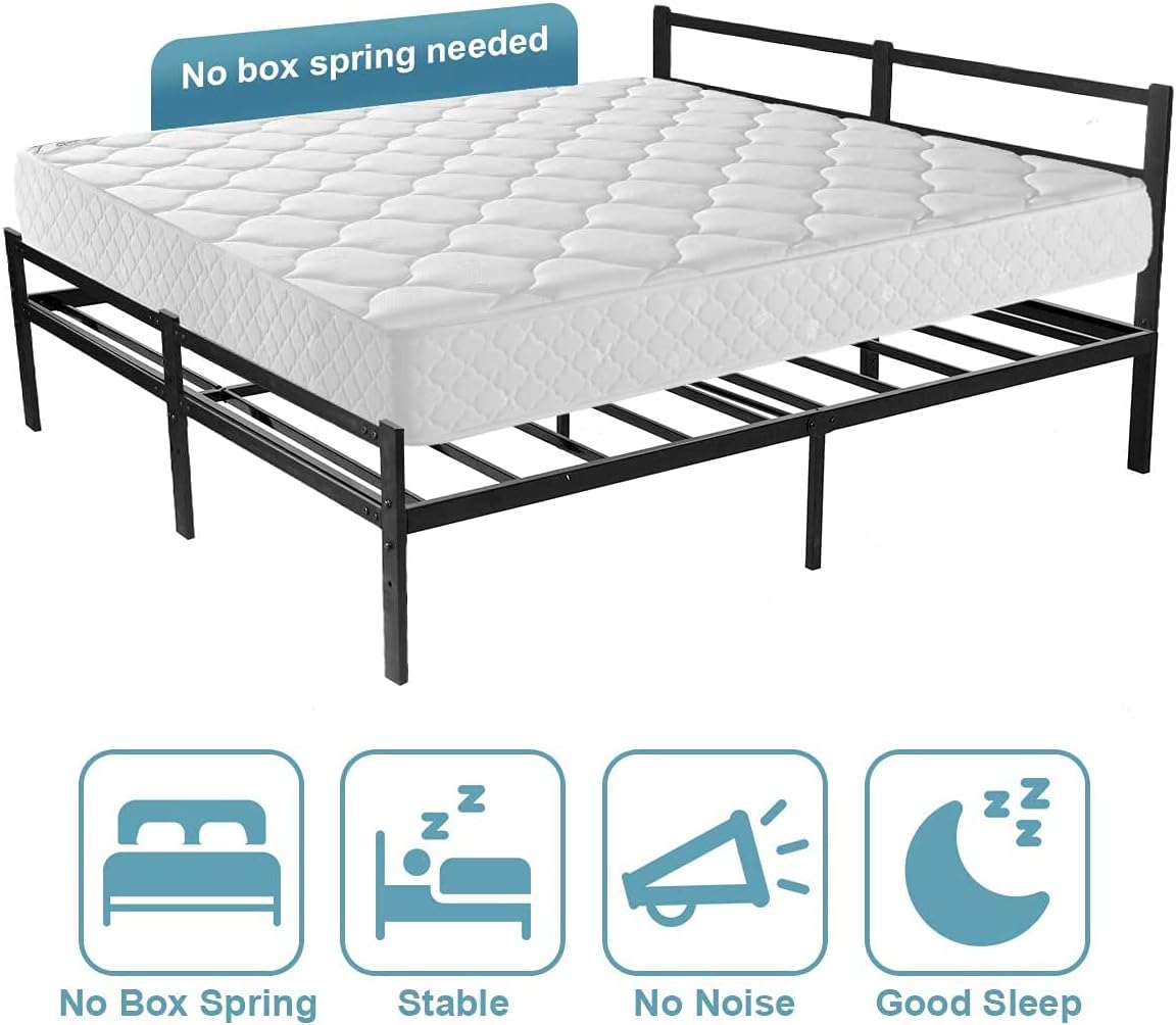 AKSG Queen Bed Frame with Headboard 14 Inch Platform Bed Frame No Box Spring Needed Metal Queen Size Bed Frame with Storage Heavy Duty Steel Slat Black