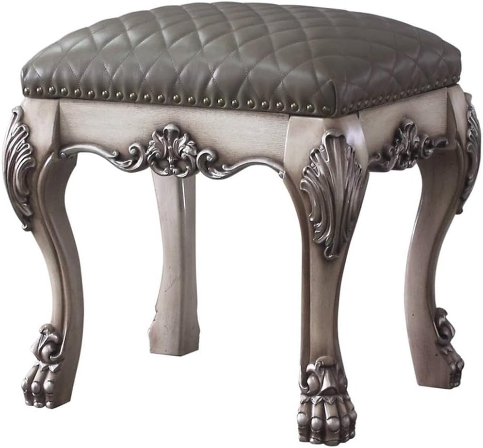 Acme Dresden Faux Leather Upholstered Vanity Stool in Vintage Bone White
