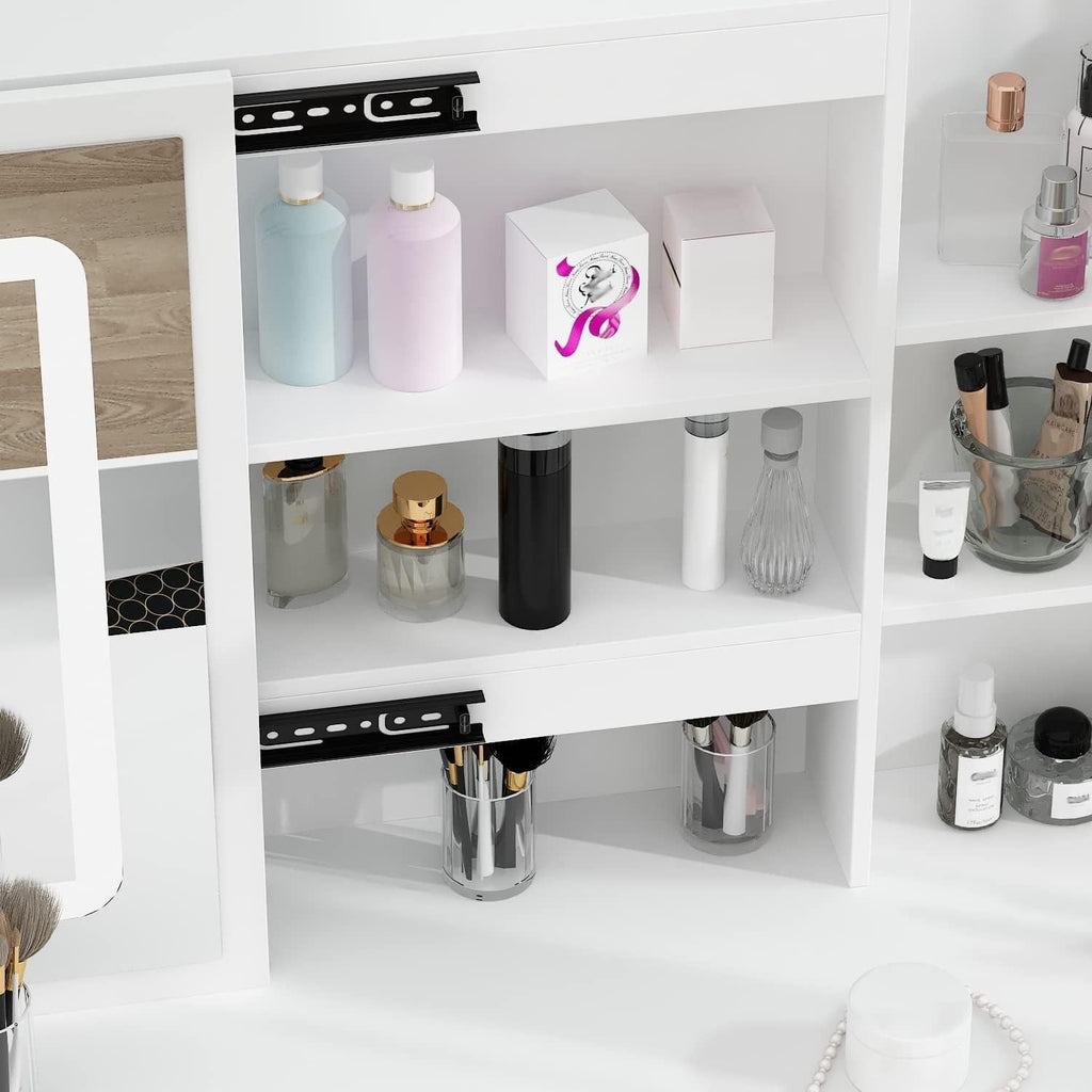 Homsee Vanity Desk Set Makeup Table with Large Sliding Lighted Mirror, Dressing Table with 5 Drawers, Storage Shelves & Cushioned Stool for Bedroom, White