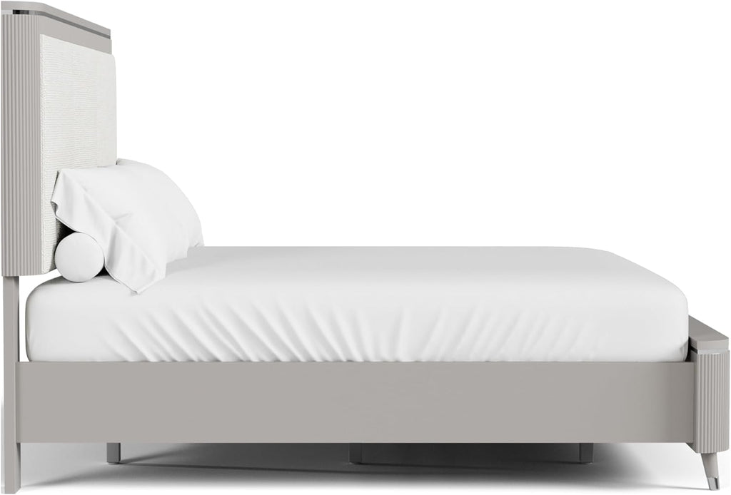Furniture of America Vito Modern Solid Wood 2-Piece Bedroom Set with Upholstered Bed, Cultered Stone Top, Felt-Lined Top Drawer, Metal Side Glide on Nightstand, Box Spring Required, King, Light Gray