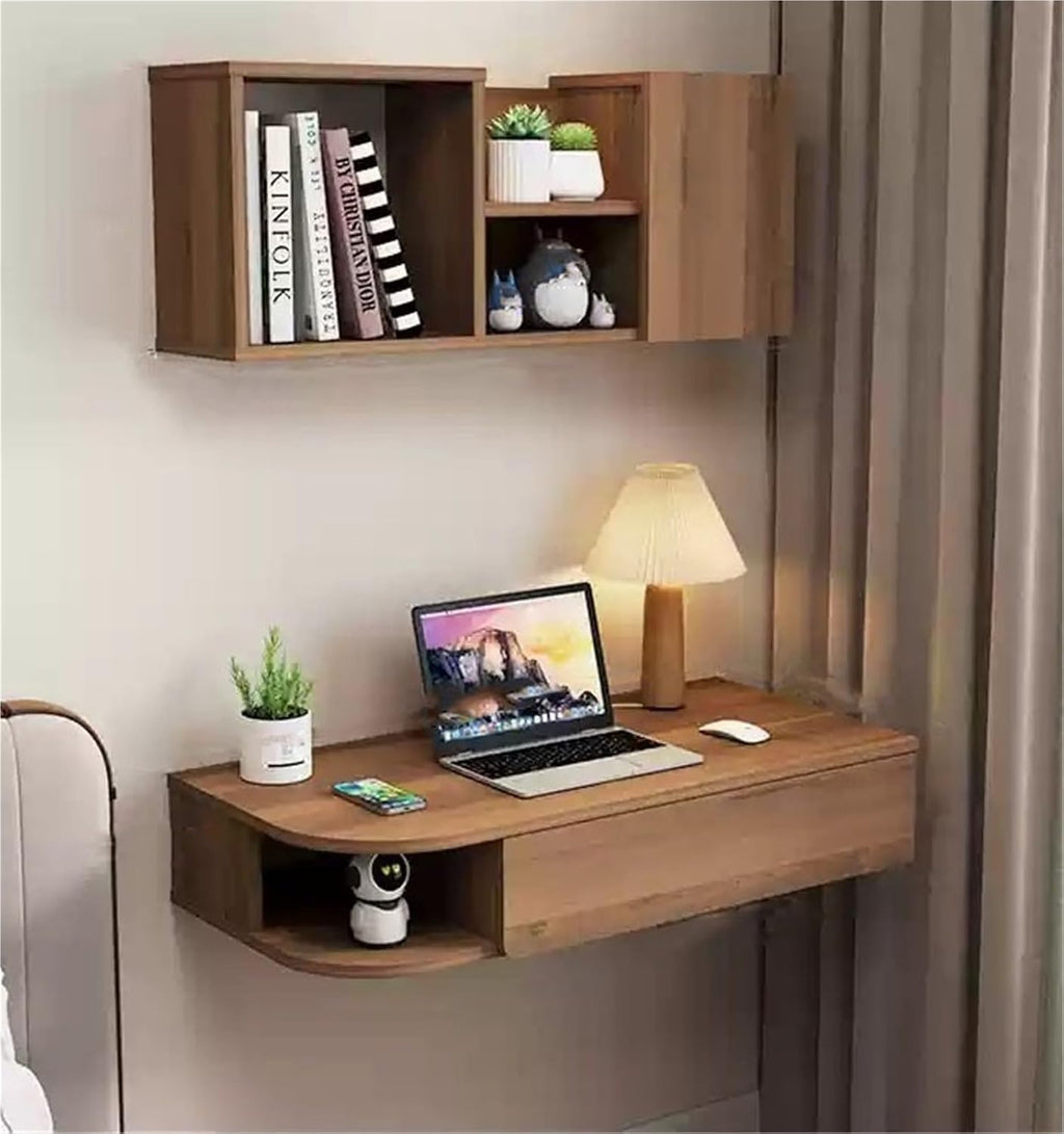 Vanity Set Dressing Table with Wall Mounted Bookshelf and Drawers Corner Floating Laptop Table Left/Right Config for Home Office Space Saver(Brown,80 cm Left)