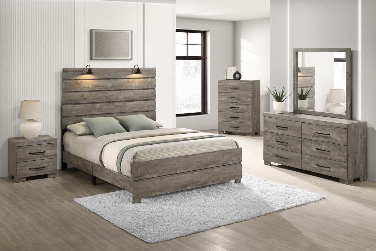 Modern 5-Piece Queen Bedroom Set with LED Reading Lamps and USB Nightstands – Panel Bed Frame, Dresser, Mirror, Chest, and Nightstand in Antique Gray Laminate Finish
