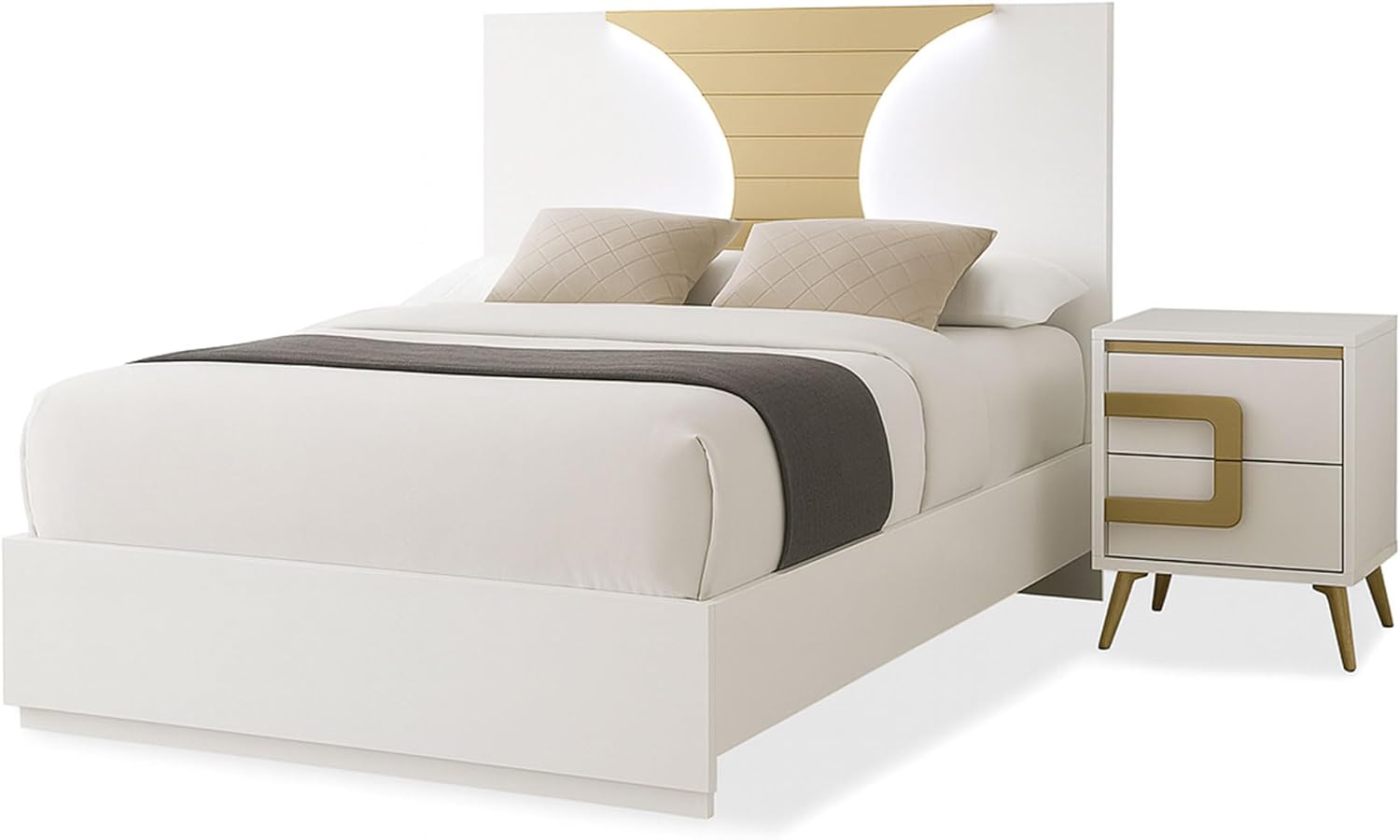 Kings Brand Furniture 2-Piece White/Gold Bedroom Set – Queen Size Wood Bed Frame with Nightstand