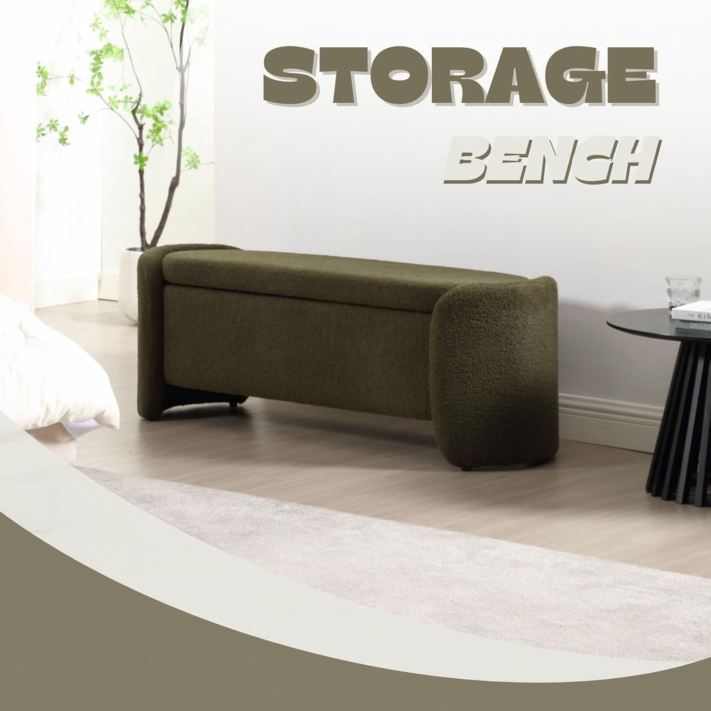 ROCTY Green Boucle Storage Bench - 50' Sherpa End of Bed Ottoman with Seating and Storage for Bedroom, Entryway, Living Room, Vanity or Makeup Room - Teddy Fabric