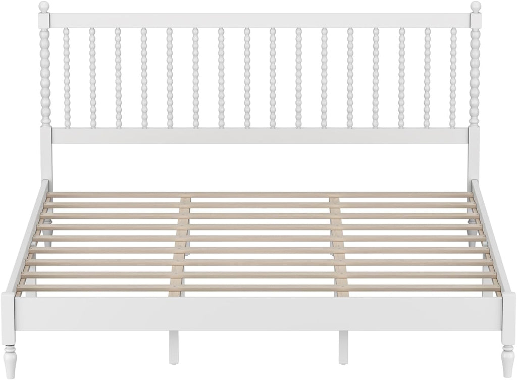 3 s Bedroom Sets King Size Wood Platform Bed with Gourd Shaped Headboard, Antique White