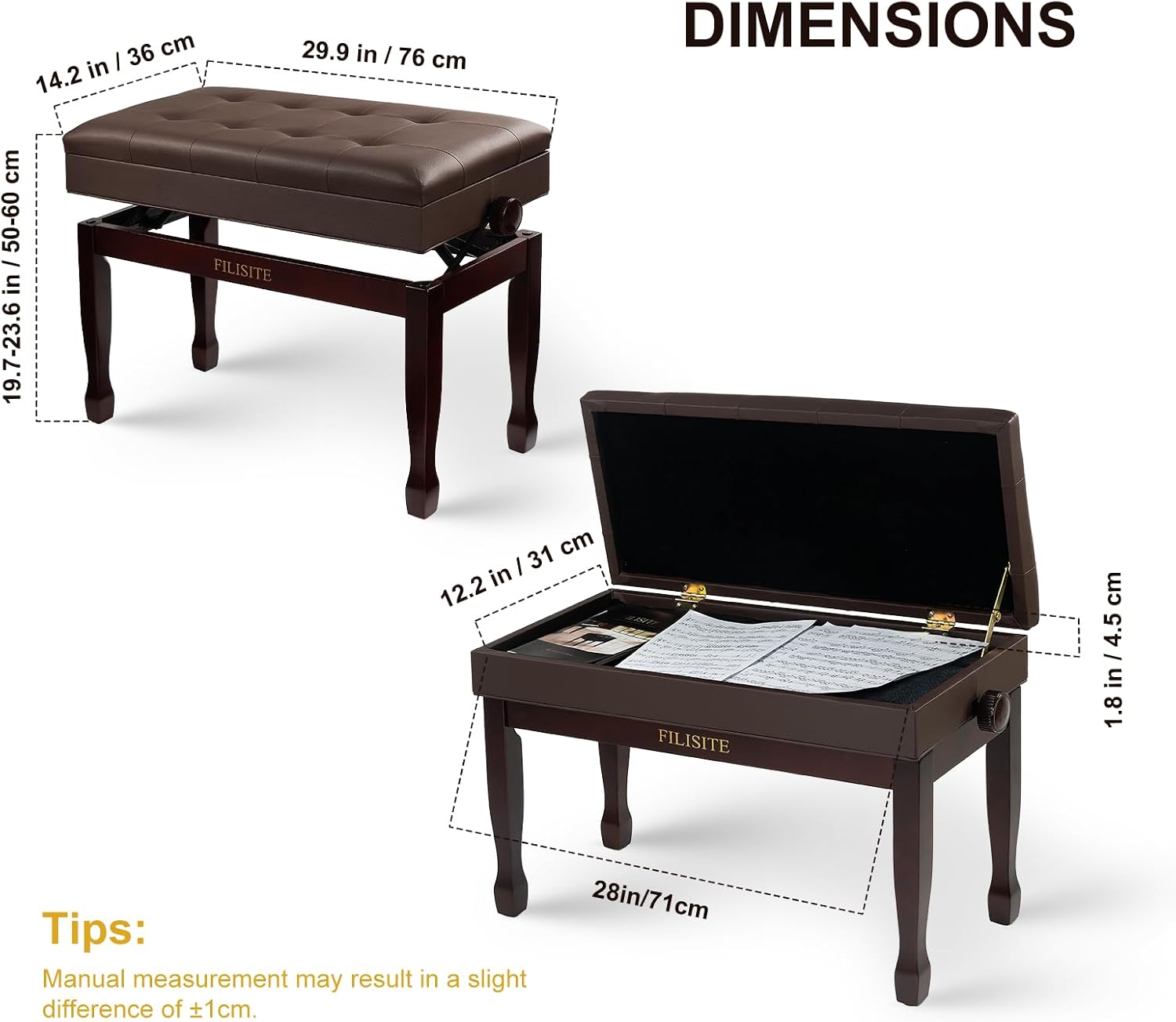 Adjustable Height Piano Bench with Storage, Solid Wood Duet Keyboard Stool, Waterproof Padded Seat Cushion, Multi-Use Bench for Piano, Vanity, Living Room, Bedroom XJ750-4(Brown)