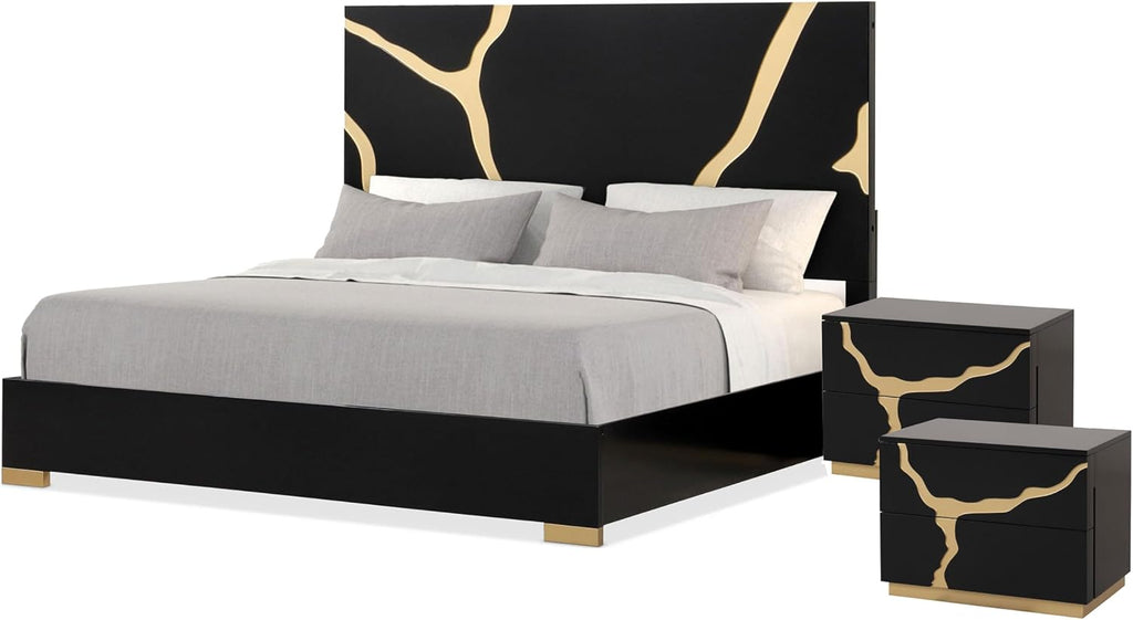Furniture of America Quanta Modern Wood 3-Piece Bedroom Set with Gold Accented Headboard, Felt-Lined Top Drawer, Ball-Bearing Glides, Dovetails Joint, No Box Spring Needed, King, Black