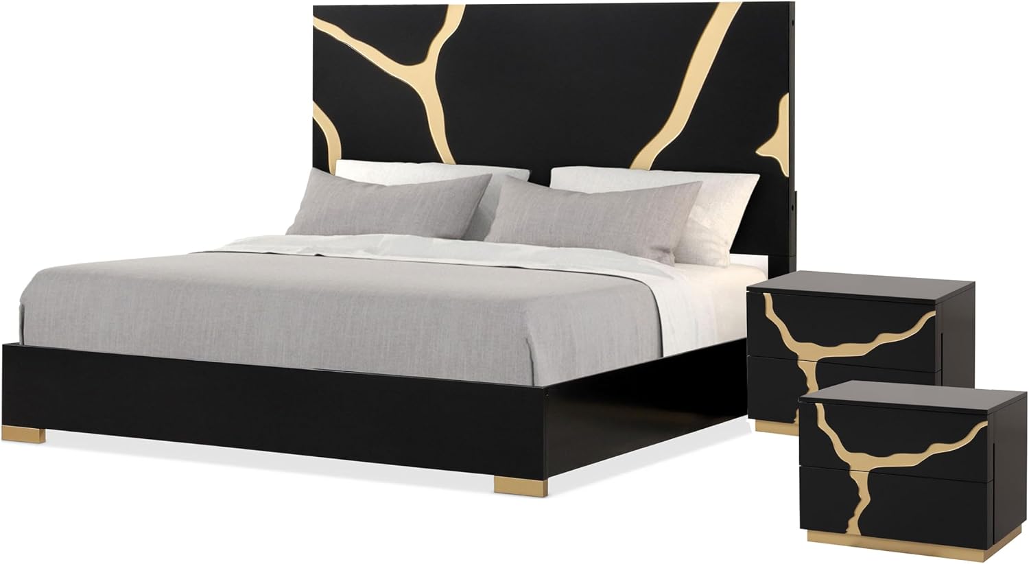 Furniture of America Quanta Modern Wood 3-Piece Bedroom Set with Gold Accented Headboard, Felt-Lined Top Drawer, Ball-Bearing Glides, Dovetails Joint, No Box Spring Needed, Queen, Black