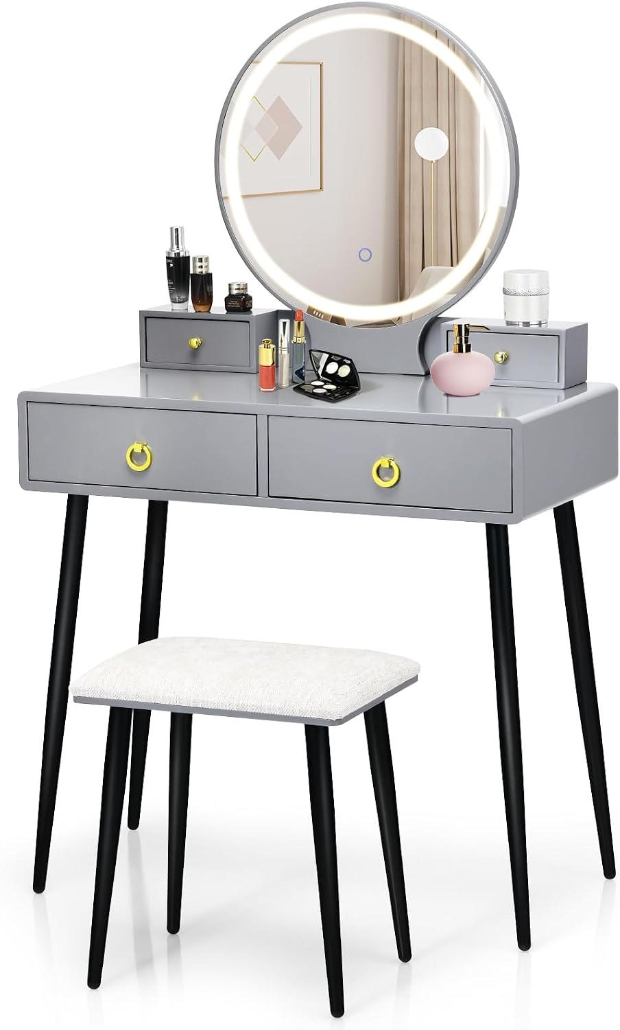 COSTWAY Vanity Table Set with Mirror and Lights, Makeup Dressing Table w/ 3 Color Lighting Modes & Adjustable Brightness, Vanity Mirror with Desk and Cushioned Stool for Women Girls (Grey & Black)