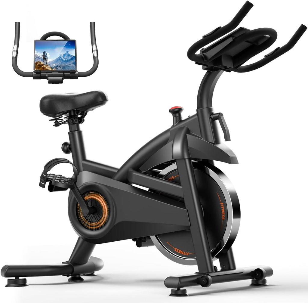 CURSOR FITNESS Exercise Bike, Brake Pad Stationary Bike for Home with Exclusive App, Stationary Bikes for Home with 300 lb Weight, Indoor Cycling Spin Bike Workout Bike with Extra Comfort Seat