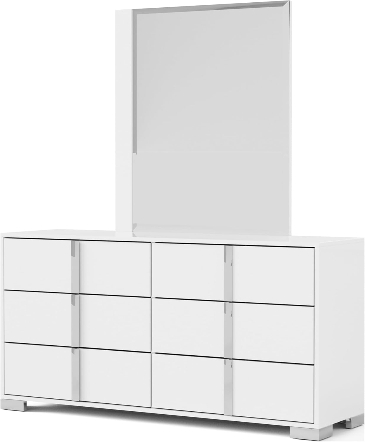 Furniture of America Alistair Modern Wood 4-Piece Bedroom Set with LED on Headboard Bed, Ball-Bearing Glides on Nightstand and Dresser with Mirror, Box Spring Required, King, White
