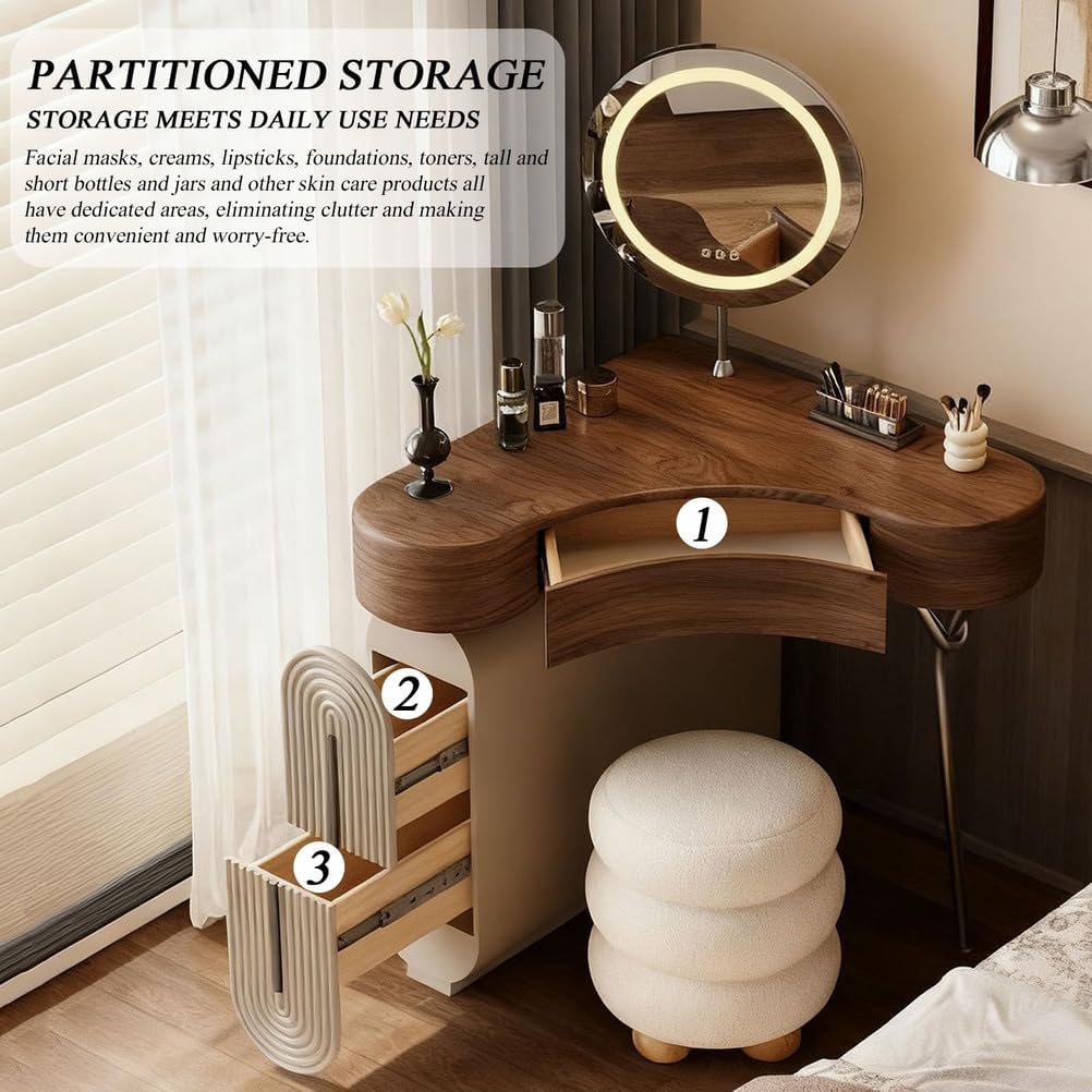 Small Makeup Vanity with LED Mirror, Compact Vanity with 3 Drawers Storage, Simple Wooden Design Corner Makeup Vanity Desk for Small Room, Nightstand Vanity 2 in 1,with Mirror ＆ Stool