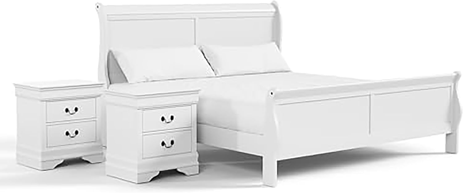 Furniture of America Arabella Traditional Solid Wood 3 Piece Bedroom Set, King Bed Frame and Nightstands Set of 2, Chic Sleigh Design Bedframe with Headboard and Footboard, Box Spring Needed, White