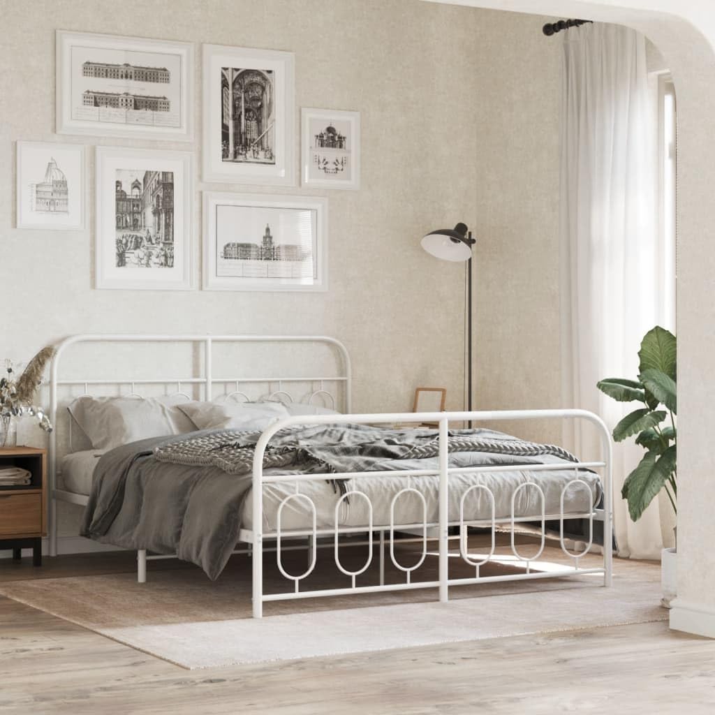 Metal Bed Frame with Footboard Steel Platform Bed Frame Queen Size White 59.1'x78.7' Heavy Duty Storage Space Underbed Design for Bedroom Furniture Guest Room