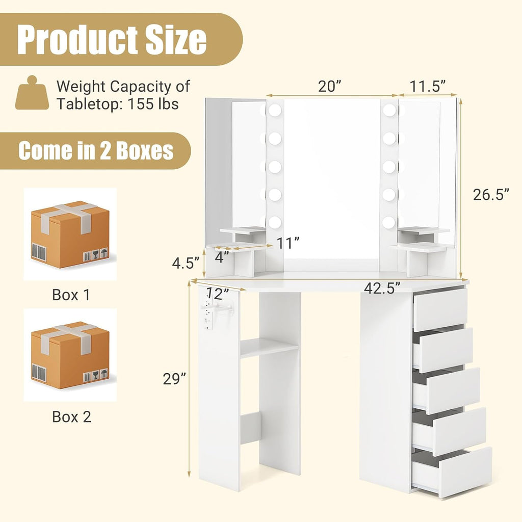 COSTWAY Corner Vanity Desk with Mirror and Lights, Modern Dressing Table with Charging Station, 5 Storage Drawers for Small Space, Bedroom Makeup Vanity Desk for Women, Teen, Girls (White)