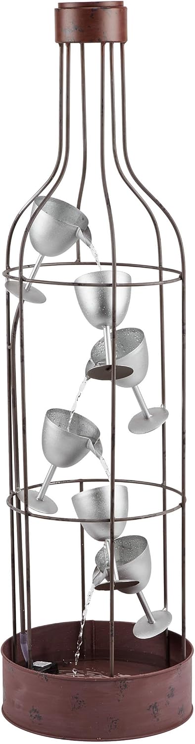 Alpine Corporation IPS210 Outdoor Floor Rustic Eclectic Bottle Shaped Water Fountain with Tiered Wine Glasses, 44', Brown