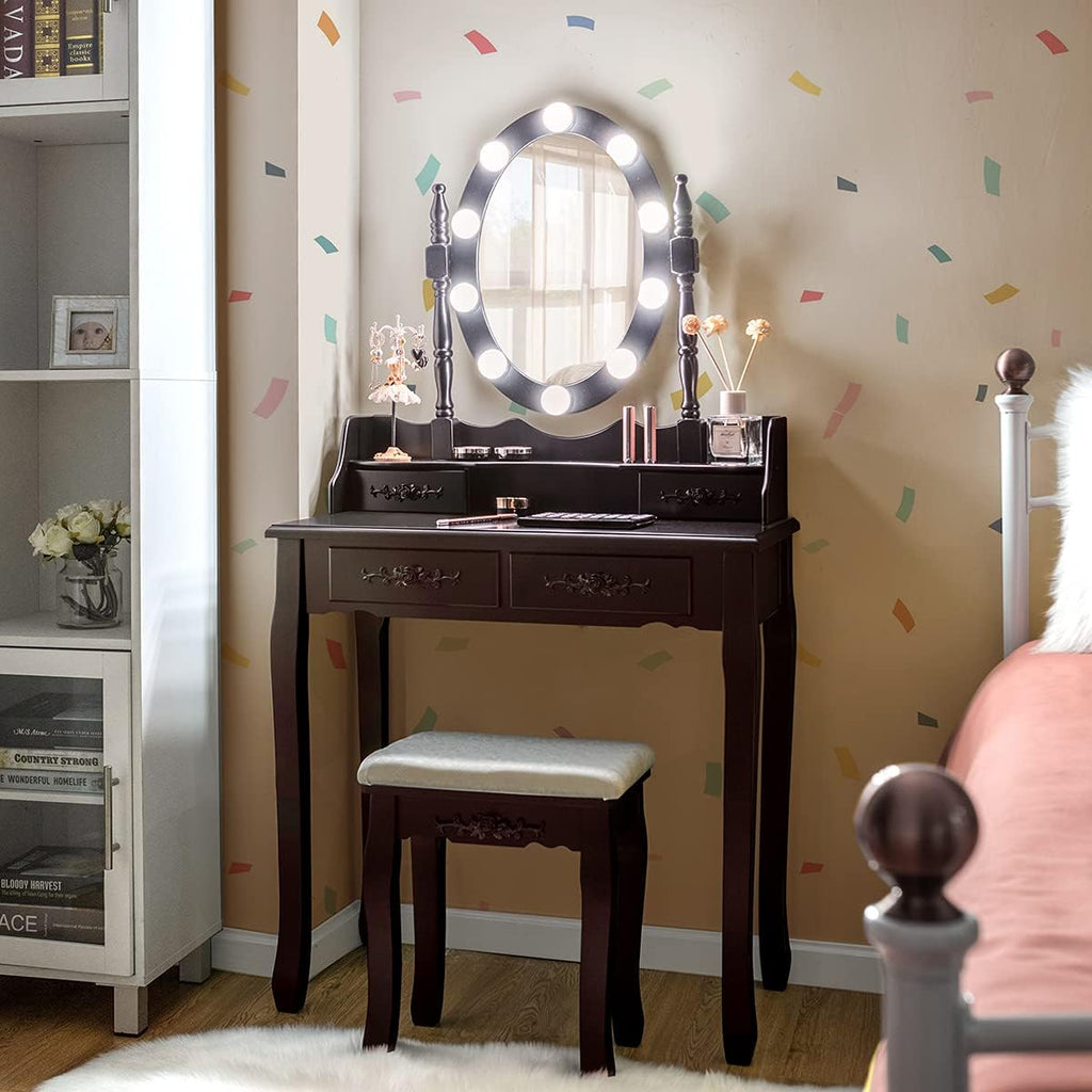 DORTALA Vanity Table Set, Makeup Dressing Table with 10 Dimmable Bulbs Lighted Mirror & 4 Drawers, Cushioned Stool, Solid Wood Leg, Classic Dressing Table Set for Home, Salon, Brown