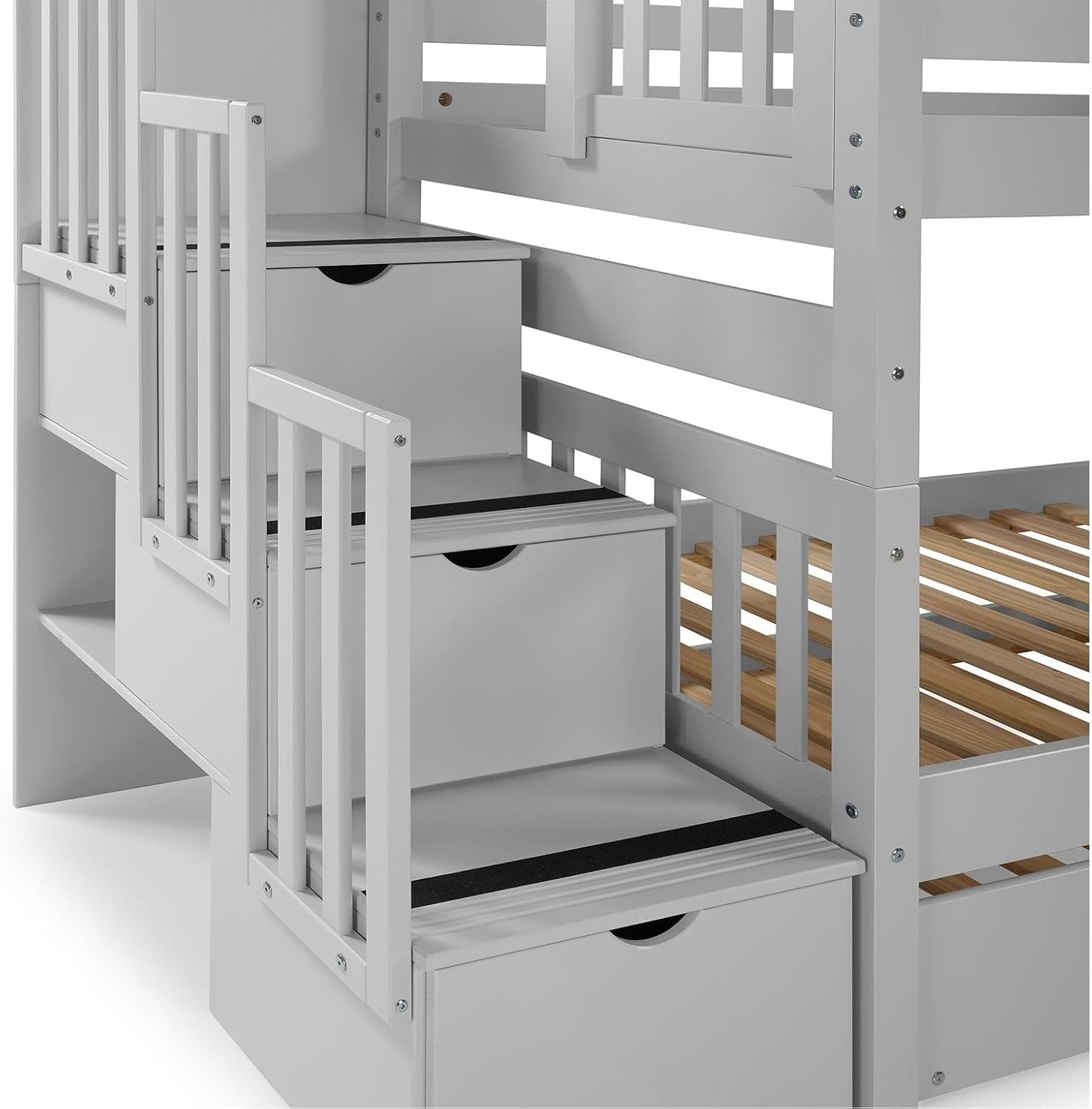 Bedz King Stairway Bunk Beds Twin Over Twin, 3 Step Drawers, Gray