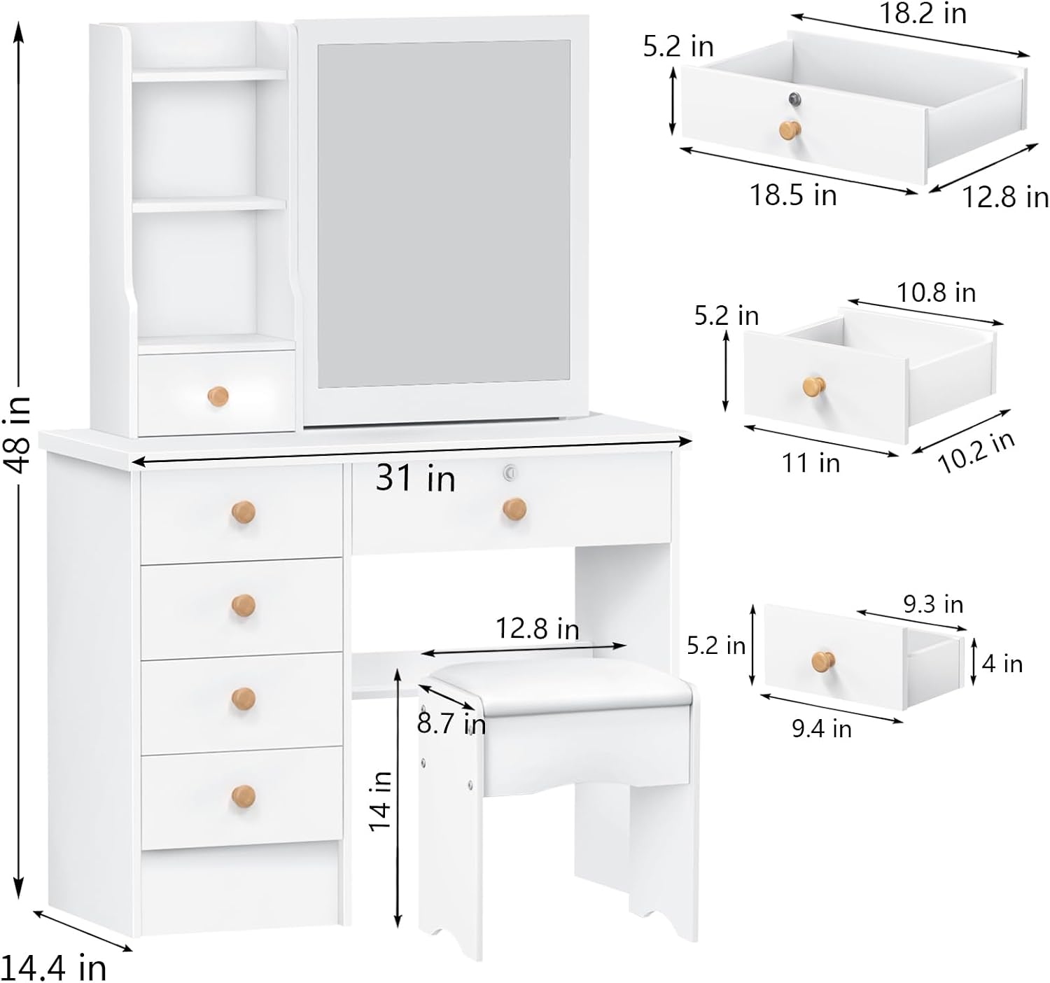 Vanity Desk with Mirror, Teen Girls White Makeup Vanity Table, Dresser with mirror, Bedroom Vanity Set with 6 Spacious Drawers ,Shelves Dressing Desk for Bedroom Dressing Room, Vanity Benches (White)