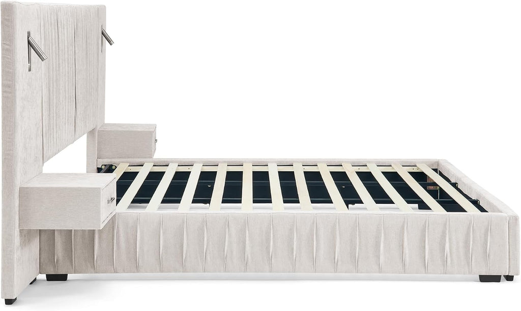 Queen Size Upholstered Platform Bed Frame with Headboard & Built-in Nightstand, Luxury Bed Frame for Modern Bedroom Sets, No Box Spring Needed, Stable & Adjustable Lighting(Beige)