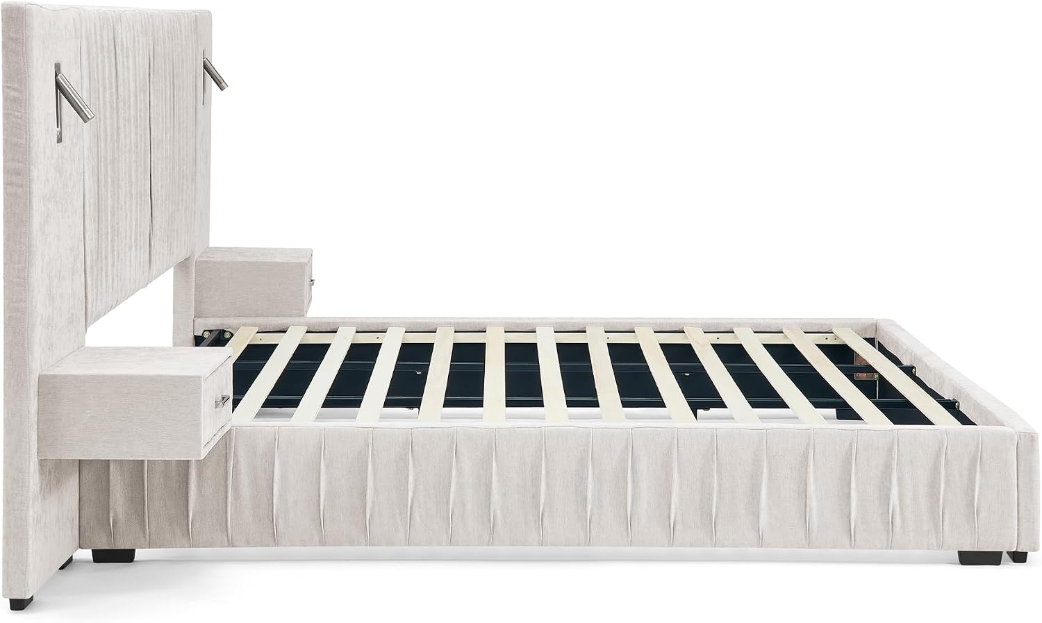Queen Size Upholstered Platform Bed Frame with Headboard & Built-in Nightstand, Luxury Bed Frame for Modern Bedroom Sets, No Box Spring Needed, Stable & Adjustable Lighting(Beige)