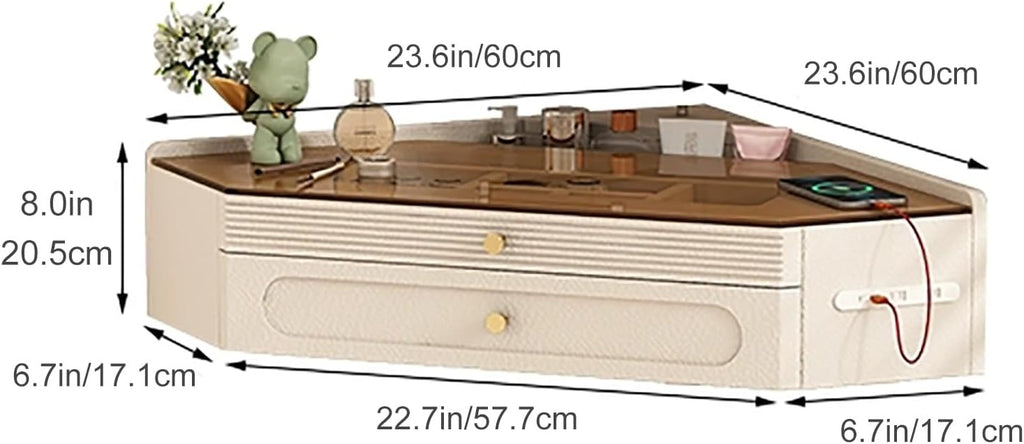 Nordic Wall-Mounted Floating Vanity Desk, Corner Hanging Table with Tea-Tinted Glass Top and Recessed Storage for Small Bedrooms(60cm/23.6in)
