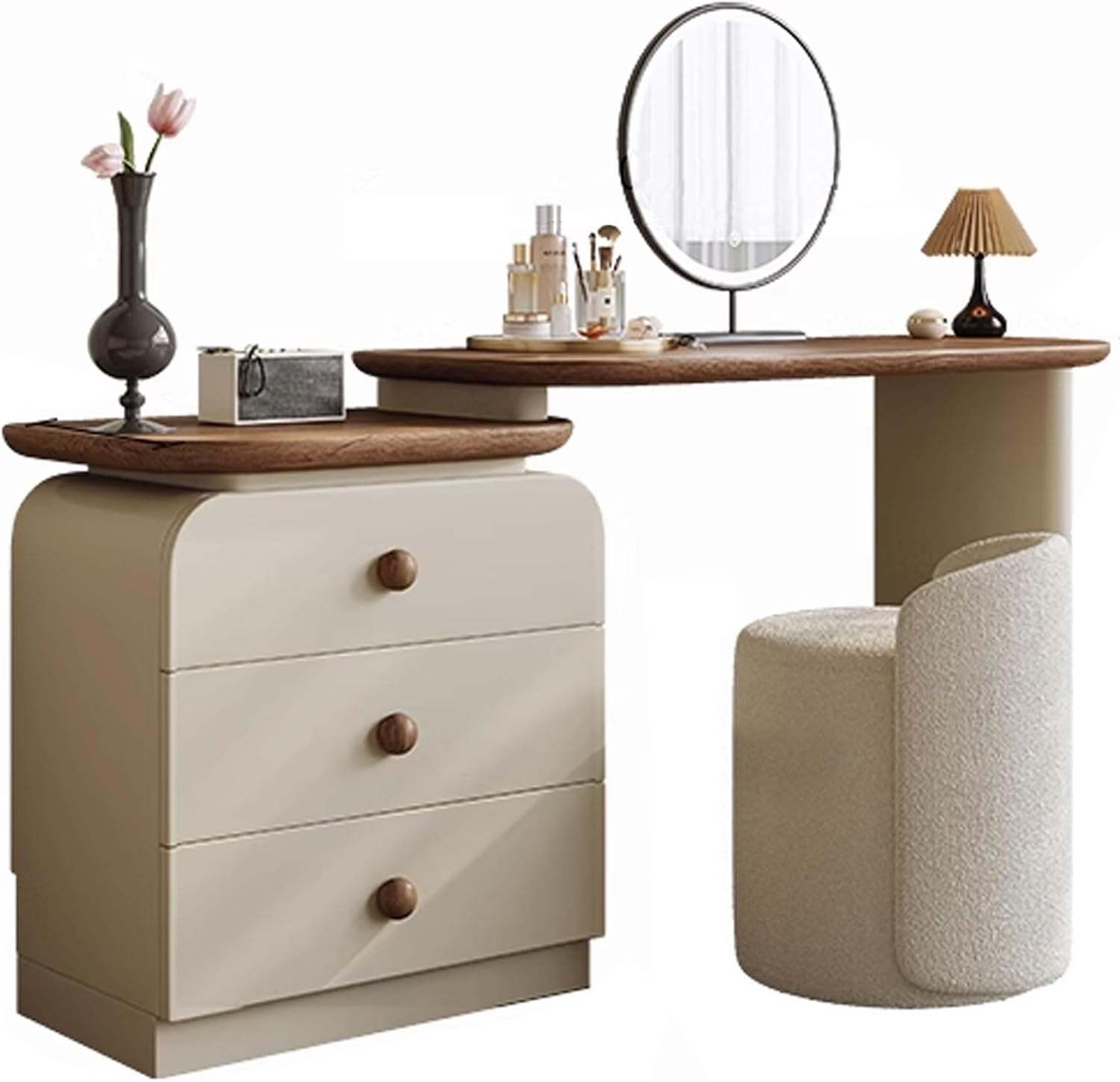 Vanity with Lights 3 Colors of Lighting Effects Makeup Vanity Set with Mirror & Stool for Girls Expandable and Adjustable Dressing Table Rounded Corners