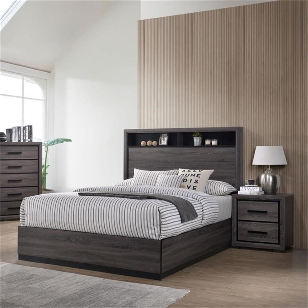 Furniture of America FOA Drummond 2-Piece Gray Wood Panel Bedroom Set- King + 1 Nightstand