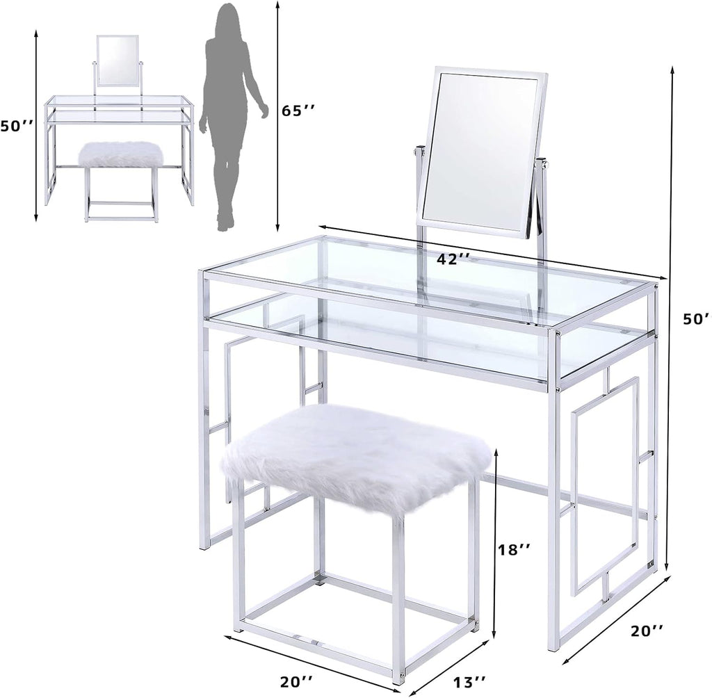 Acme Josh Metal Frame Vanity and Stool in White and Chrome