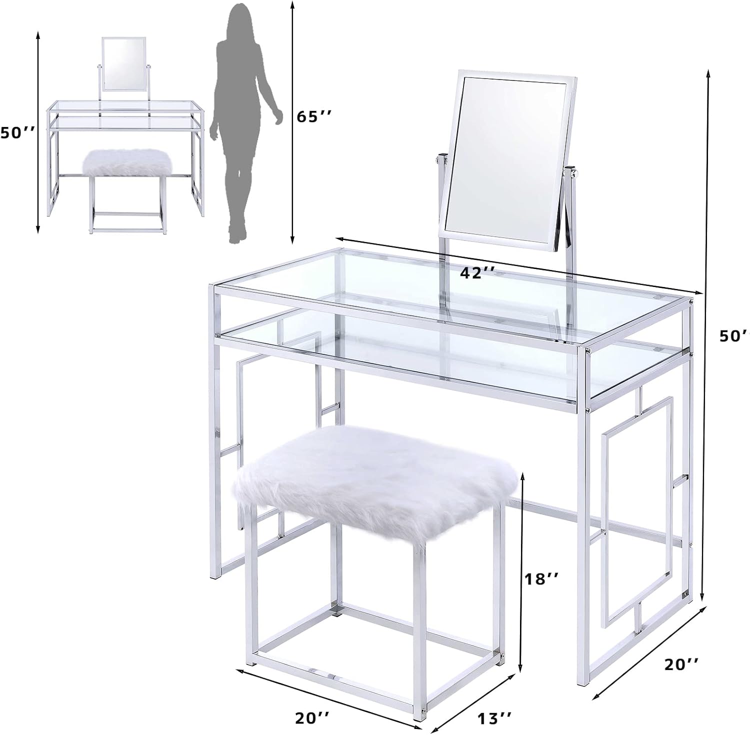 Acme Josh Metal Frame Vanity and Stool in White and Chrome