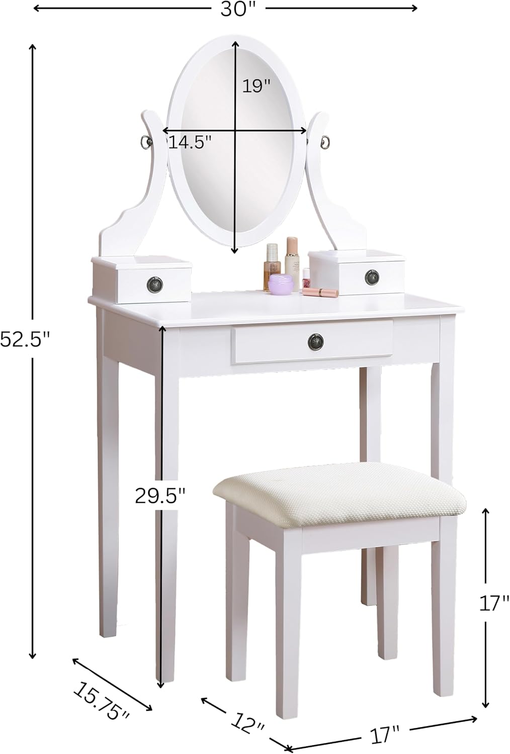 Roundhill Furniture Moniya White Wood Vanity Table and Stool Set (3415WH) Medium