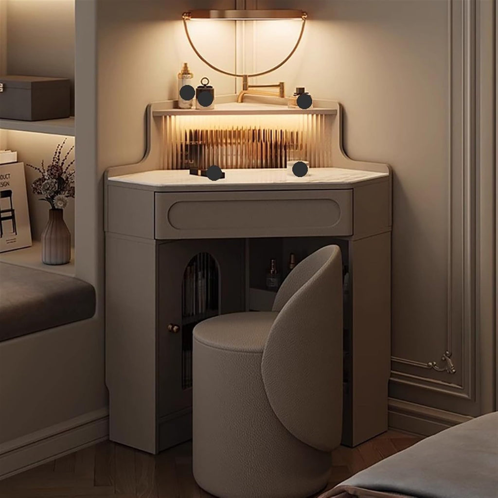 Vanity Table Corner Vanity with Mirror and Lights, Modern Makeup Vanity Set for Bedroom/Cloakroom, Glass Storage Cabinet Vanity Table,White Makeup Table,White-60CM