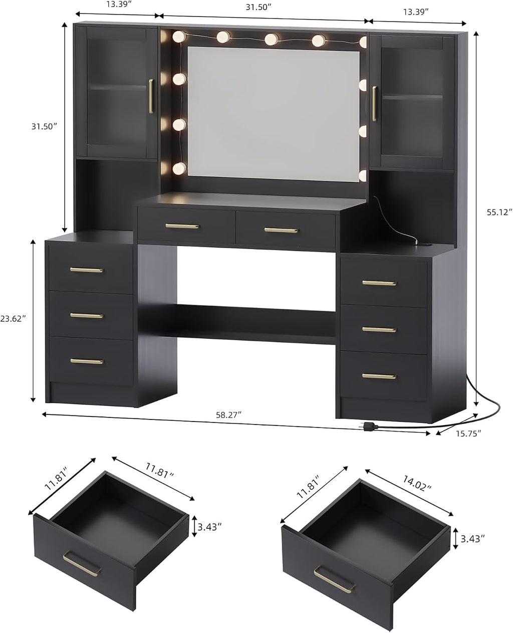 TOKSOM Large Black Vanity Desk with Mirror and Charging Station, Makeup Desk with 8 Drawers, 2 Cabinets and Lots Storage, Dressing Table Vanity Set for Girls Without Lights, 58.3 inch Black