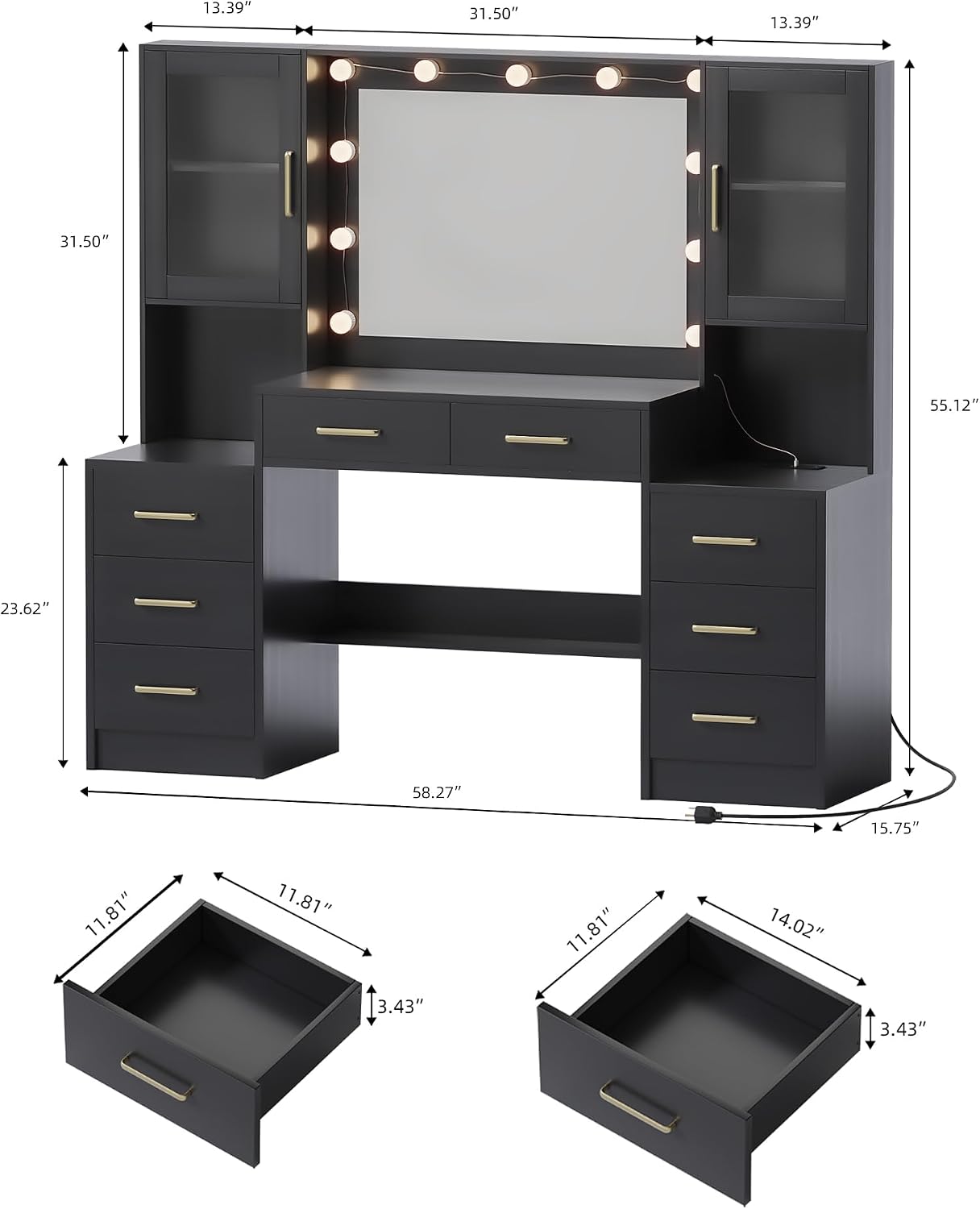 TOKSOM Large Black Vanity Desk with Mirror and Charging Station, Makeup Desk with 8 Drawers, 2 Cabinets and Lots Storage, Dressing Table Vanity Set for Girls Without Lights, 58.3 inch Black