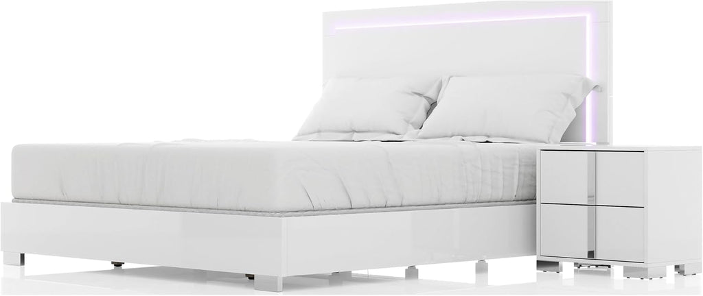 Furniture of America Alistair Modern Wood 2-Piece Bedroom Set with LED on Headboard Bed, Ball-Bearing Glides, Vertical Chrome Handles on Nightstand, Box Spring Required, Queen, White