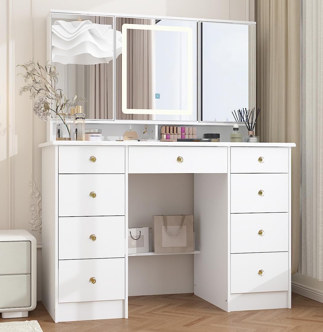 Timechee Vanity Mirror with Lights, Corner Vanity Desk with 9 Storage Drawers, 4 Large Shelves, 3 Color Lighting Options, Vanity Mirror Desk, Makeup Vanity Set for Bedroom, White