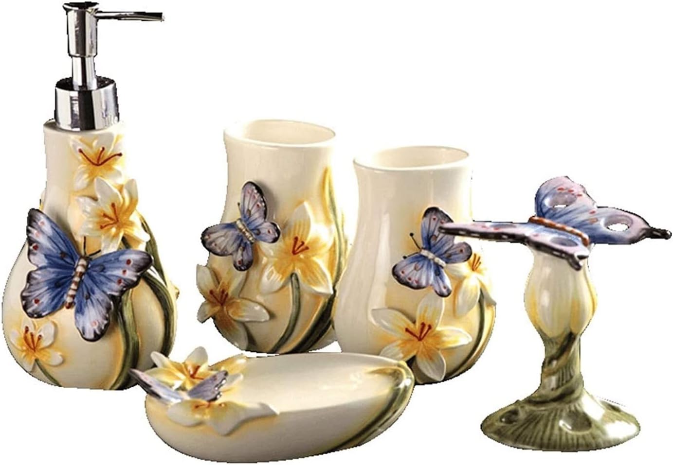 Vanity Bathroom Decor, Three Dimensional Relief Bathroom Accessories Set 5-Piece Ceramics Bath Accessory Butterfly Pattern Set Housewarming Gift