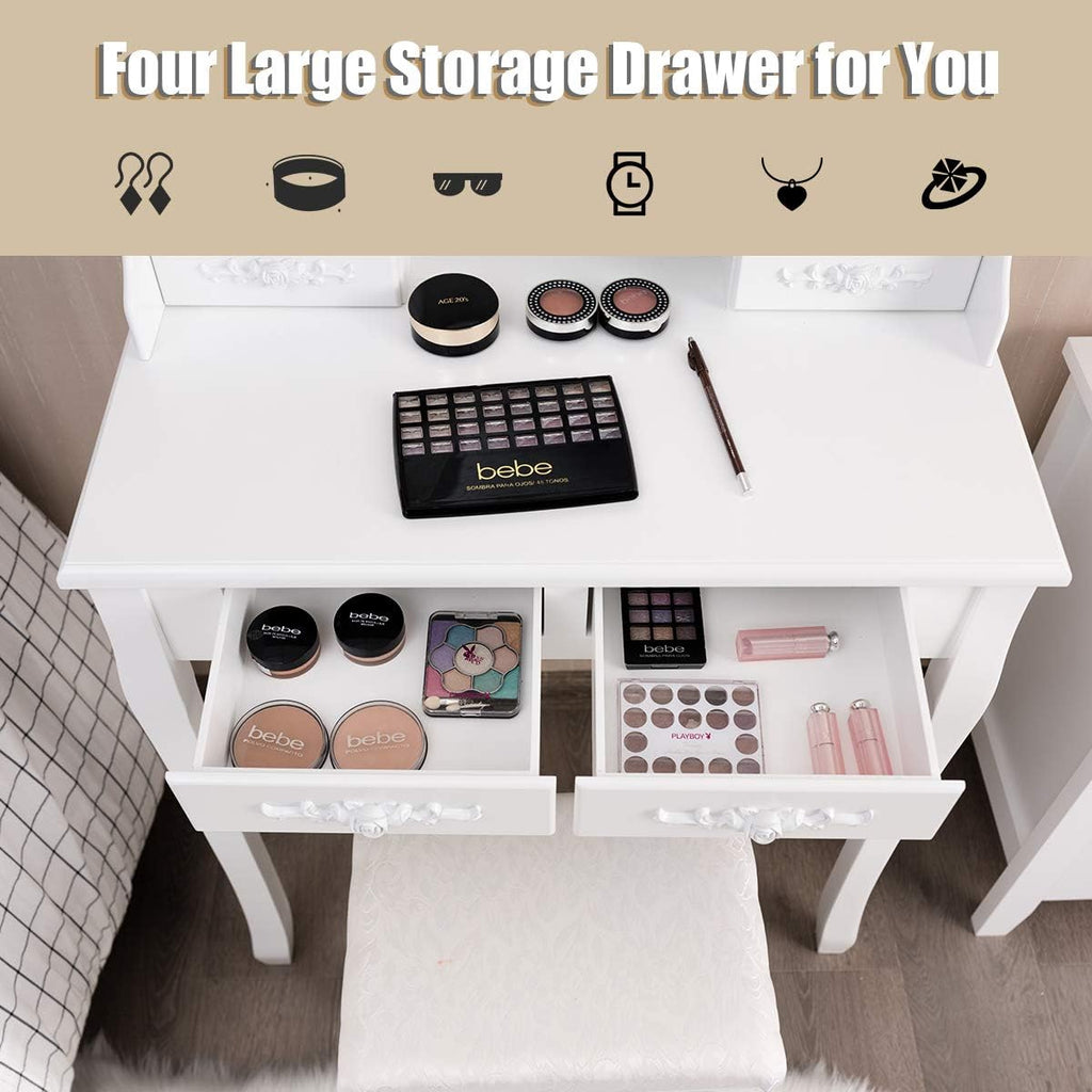 DORTALA Vanity Table Set, Makeup Table with 10 Dimmable Bulbs Lighted Mirror & 4 Drawers, Cushioned Stool, Solid Wood Leg, Classic Dressing Table Set for Home, Salon, White