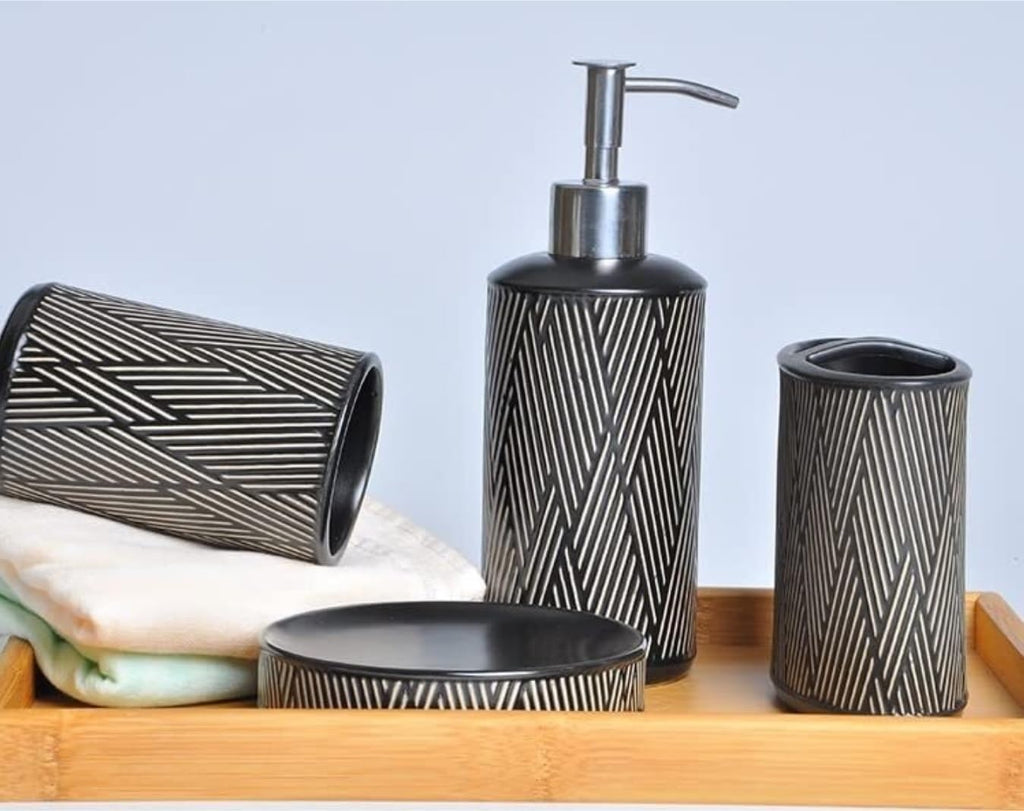 Vanity Bathroom Decor, 6pcs Bathroom Accessories Set Geometric Design Ceramic Bathroom Accessory Set with Soap Dispenser Housewarming Gift(Black)