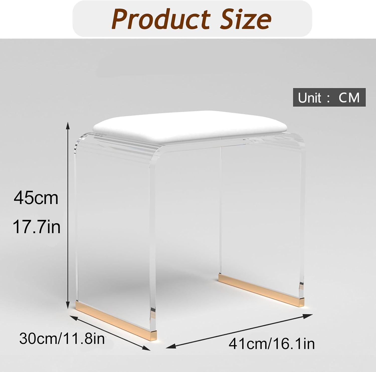 Clear Acrylic Stool with Velvet Cushion, Modern Padded Vanity Dressing Stool, Small Entryway Bench for Bedroom Room Living Room Office, No Assembly Required(H45cm/17.7in, Clear+White)