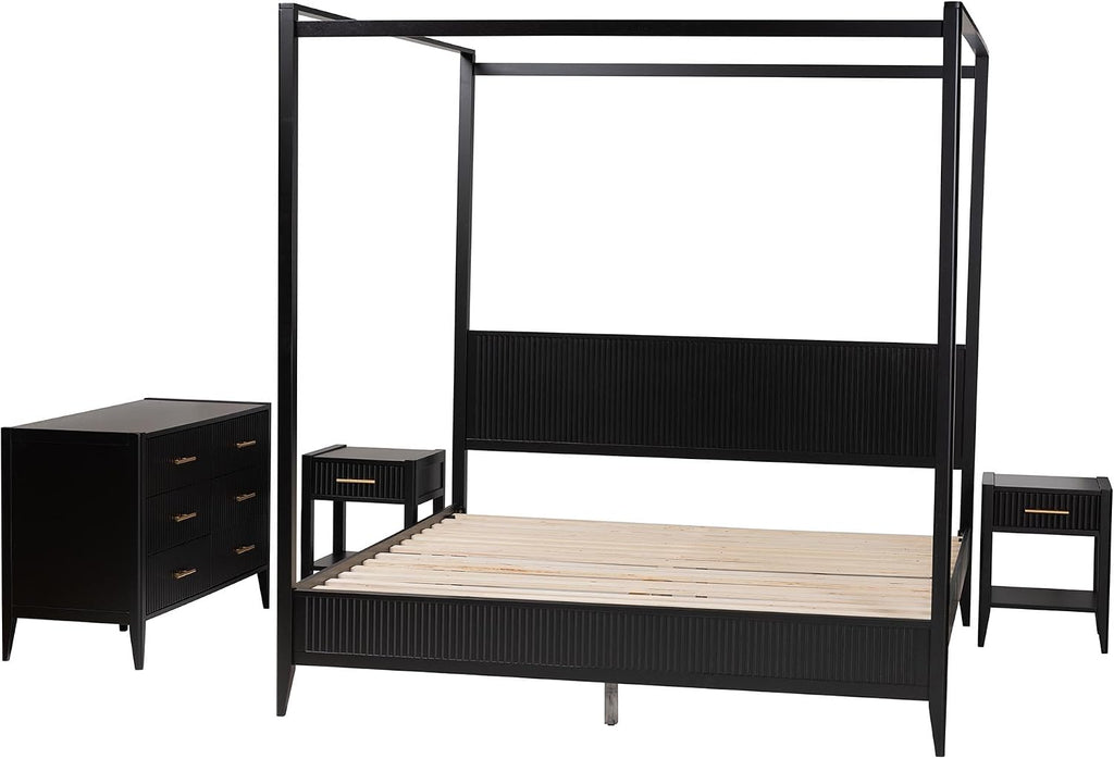 Baxton Studio Primrose Black Wood King Size 4-Piece Canopy Bedroom Set