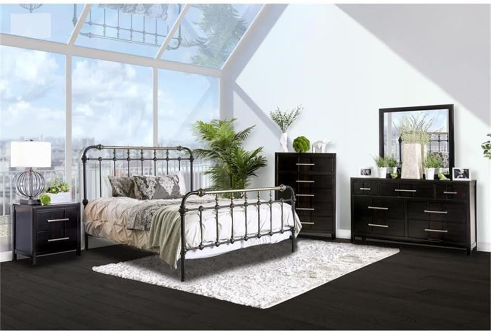 BOWERY HILL Farmhouse Metal Queen Spindle Bed, Antique Black Finish, Steel Construction, Powder-Coated with Gold Accents, Headboard and Footboard Slats, 85.63 x 64.25 x 54.75 in for Bedroom Use
