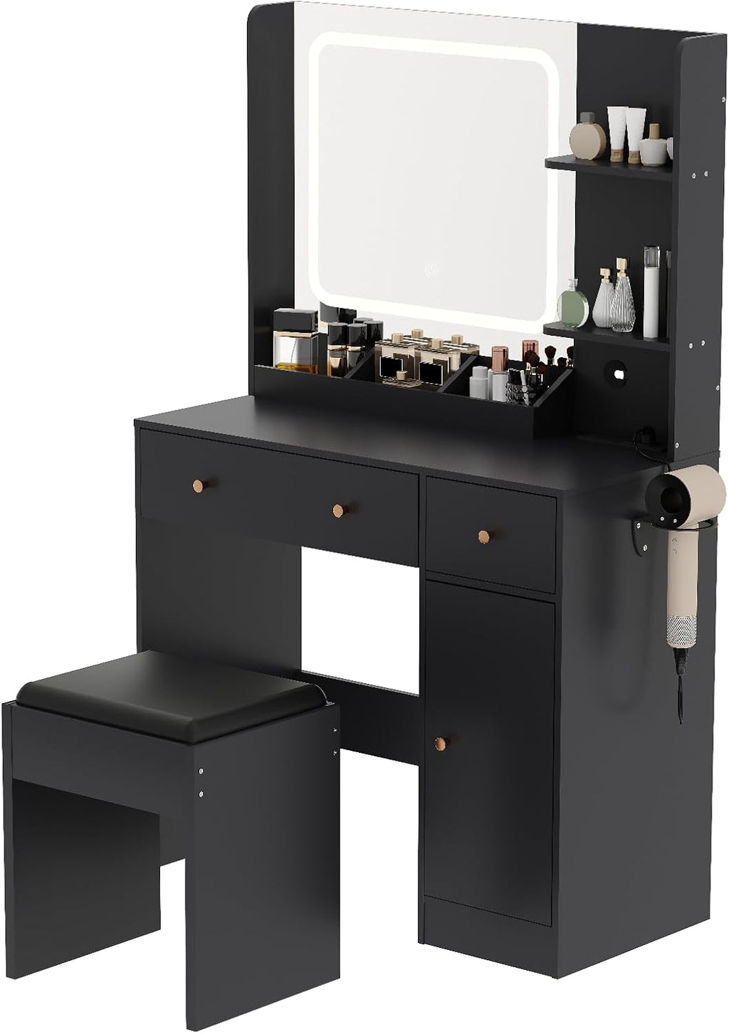 HaHarmoHaby Vanity Desk with Lighted Mirror, Makeup Vanity Table with 4 Drawers, Shelves,3 Color Modes & Adjustable Brightness, Dressing Table Set with Stool for Bedroom