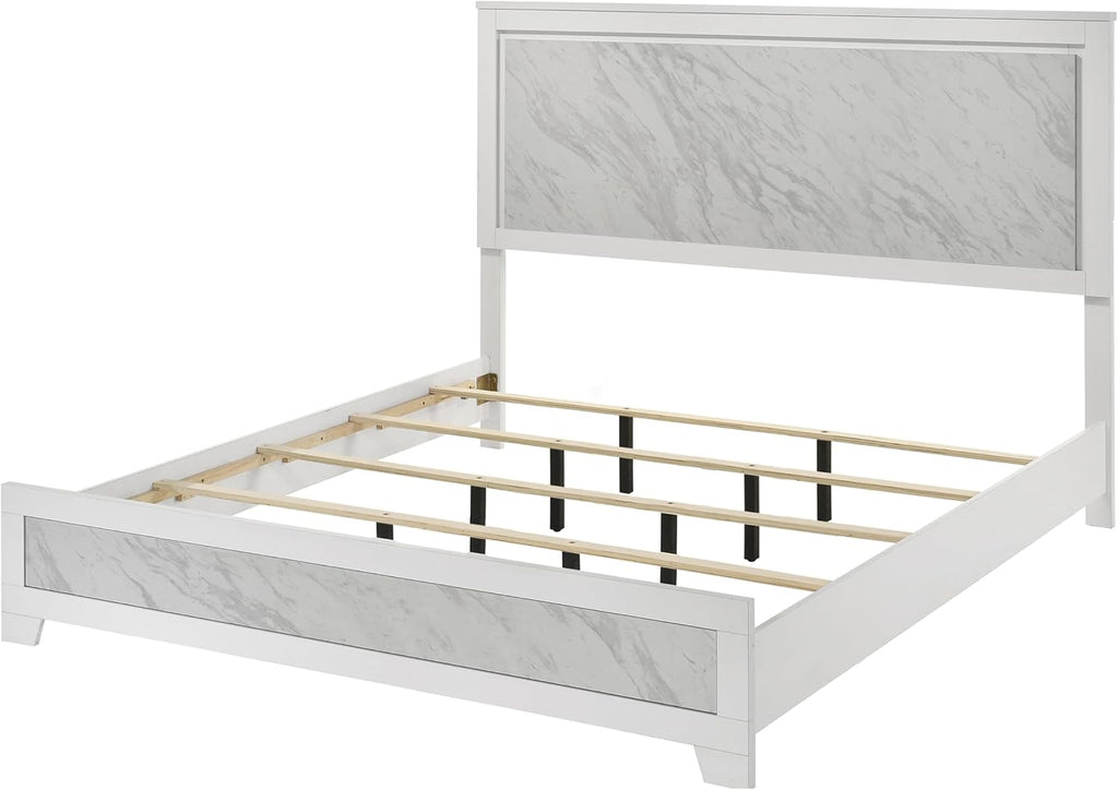 Furniture of America Anton Modern Solid Wood 3-Piece Bedroom Set with Faux Marble Headboard Bed, Metal Center Glide on Nightstand and Chest, Box Spring Needed for Bedroom, Guest Room, King, White