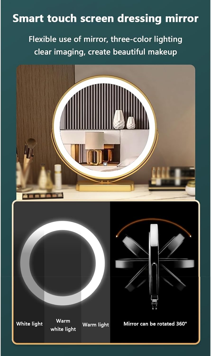 Vanity Desk with Lights Makeup Desk White Vanity with Lighted Mirror Small Vanity Desk Round Table Corner Design Wide Tabletop Stable Support Stylish Matching Suitable fo,D-80 * 40 * 76 cm