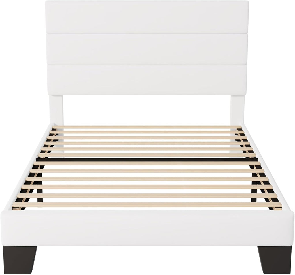 Allewie Twin Size Platform Bed Frame with Velvet Upholstered Headboard and Wooden Slats Support, Fully Upholstered Mattress Foundation/No Box Spring Needed/Easy Assembly, White